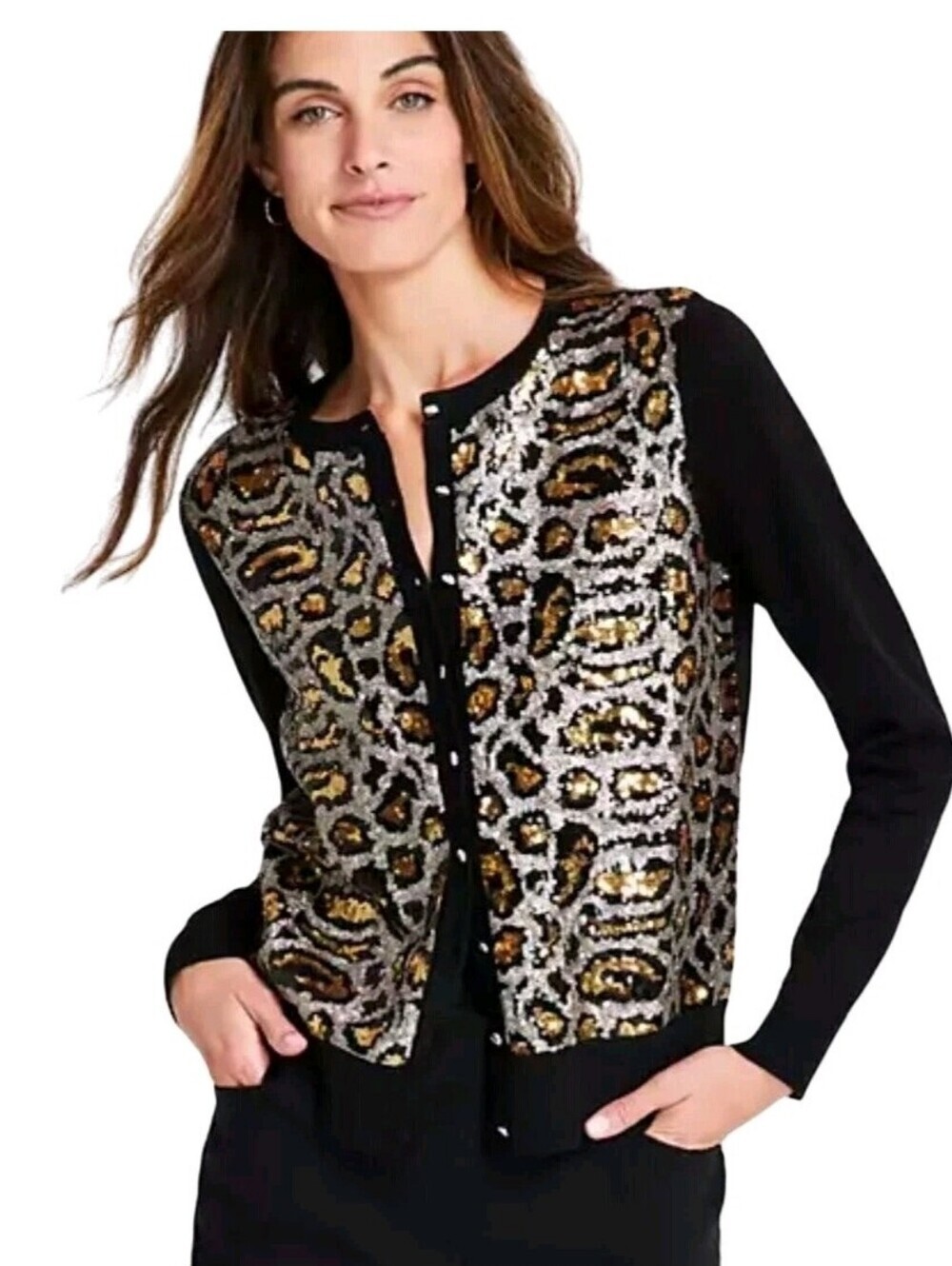 JM Collection Leopard Sequin Party Cardigan Sweater Rayon Blend Gold Black XL